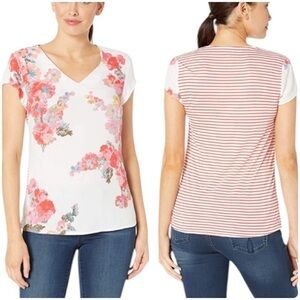 Joules Harriet Casual Floral Striped V-Neck Short Sleeve Top Size 6 White Pink